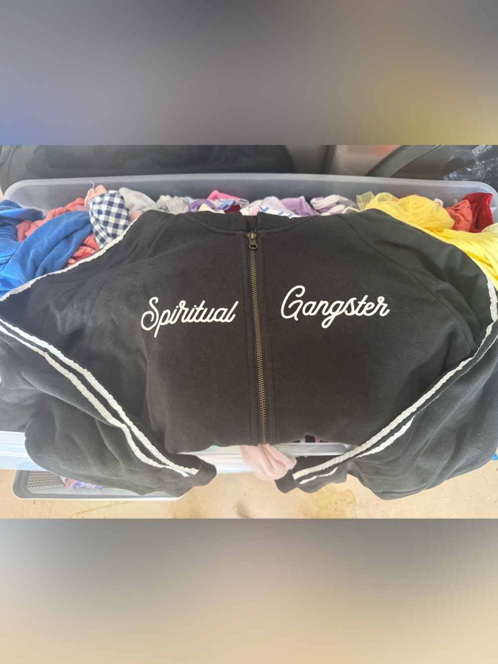 Spiritual Gangster Black Zip-Front Travel Bag with White Script